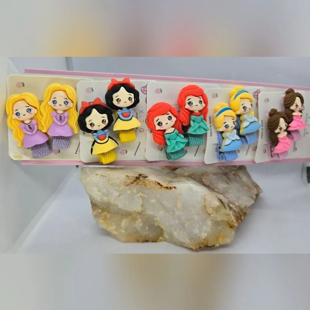Disney Princess Chibi Hair Clips 10pc 5 Pairs Kawaii Fairytale Girls Barrettes